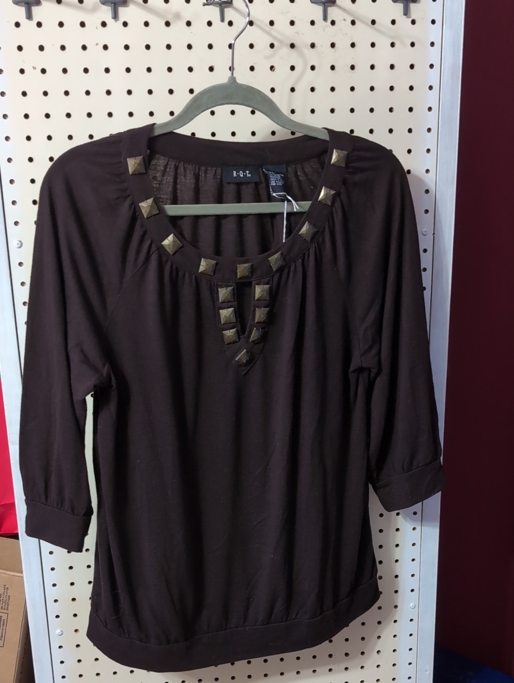 R.Q.T Brown Stud-Trim Scoop Neck Tunic Top